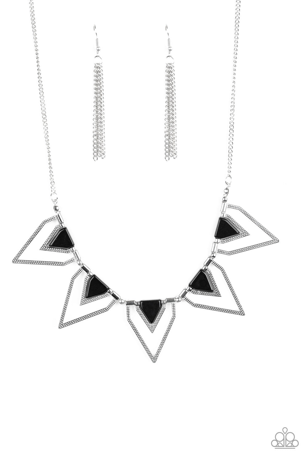 The Pack Leader - Black  Infused with shiny black beading, glistening silver triangular frames join below the collar, creating a fierce geometric fringe. Features an adjustable clasp closure.